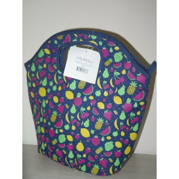 Lily McGee Gourmet Fabric Lunch Tote Bag FRUIT Blue Insulated $52 - Picture 1 of 6